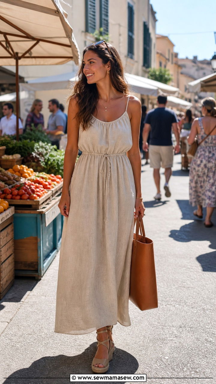 Linen Maxi Dress With Espadrilles And Leather Tote - 40 maxi dress outfits