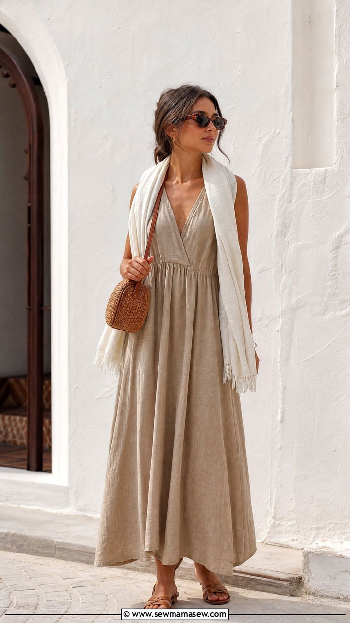 Linen Maxi Dress With Flat Sandals - 25 Casablanca outfit ideas