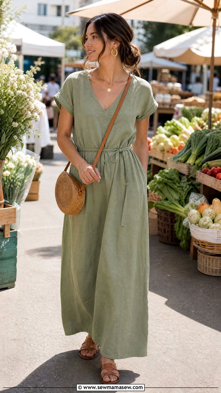 Linen Maxi Dress With Flat Sandals - 25 casual outfits for modest women