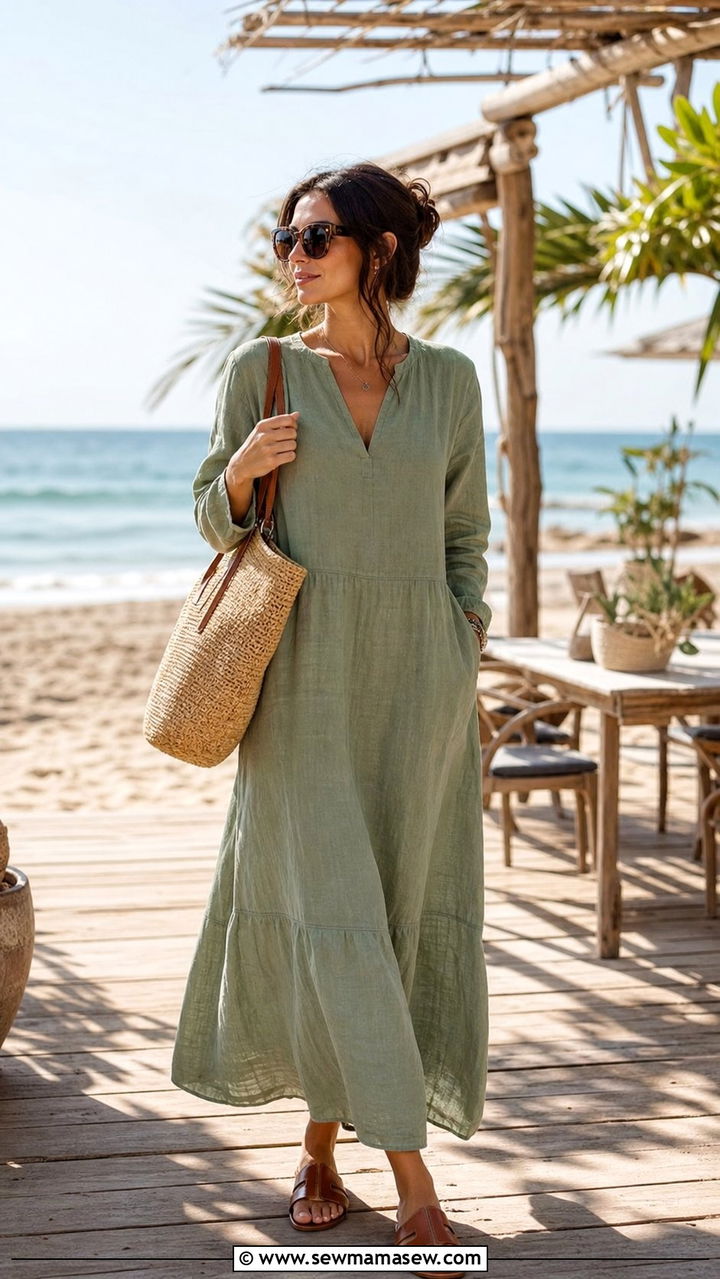 Linen Maxi Dress With Flat Sandals - 25 classy modest classy outfits