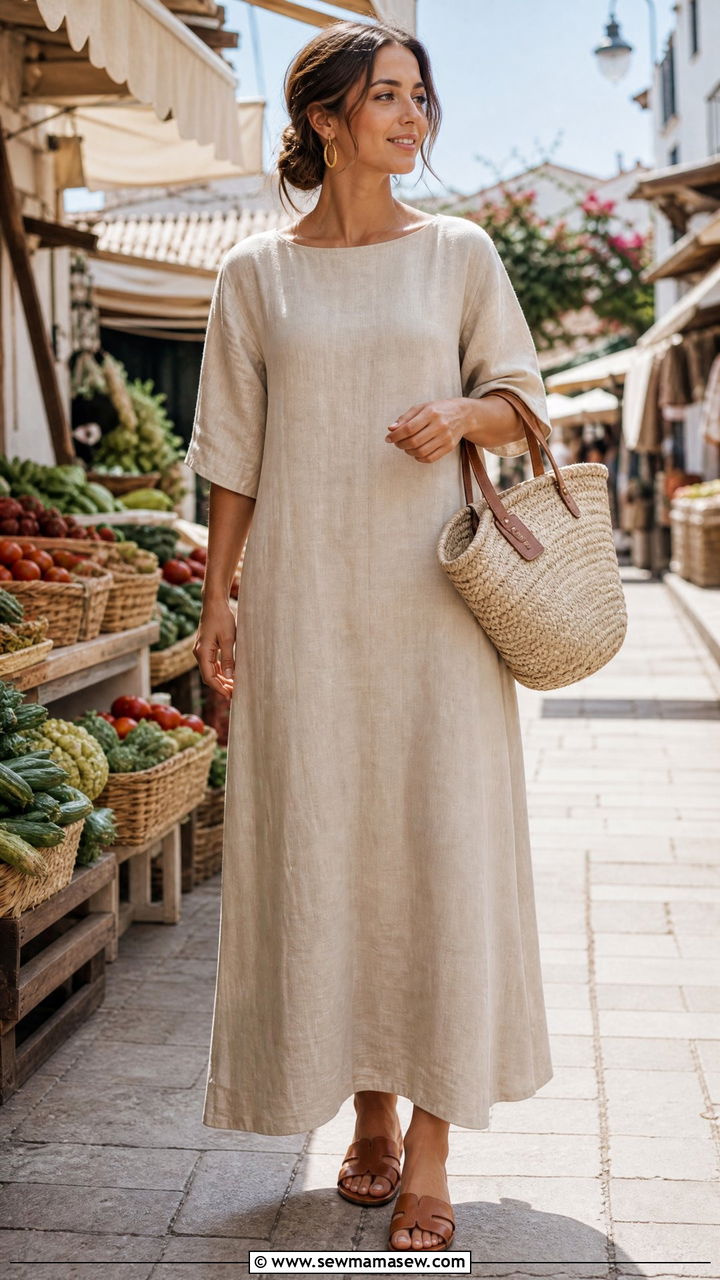 Linen Maxi Dress With Flat Sandals - 30 Summer capsule wardrobe modest
