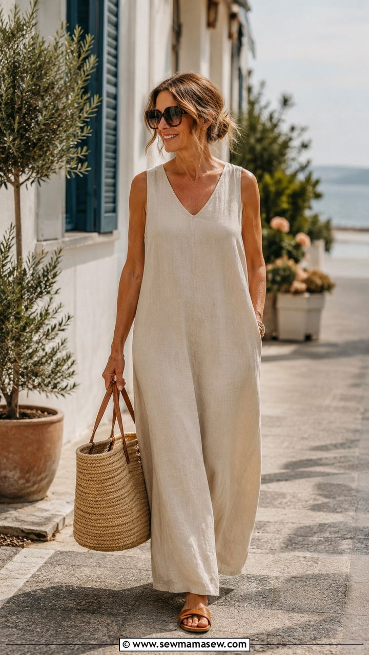 Linen Maxi Dress With Slide Sandals - 30 maxi dress outfits for women over 40