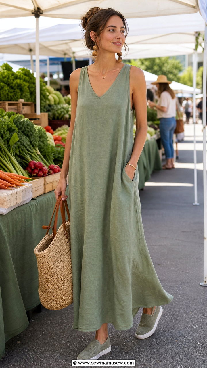 Linen Maxi Dress With Slip On Sneakers - 30 Maxi dress outfit ideas with sneakers