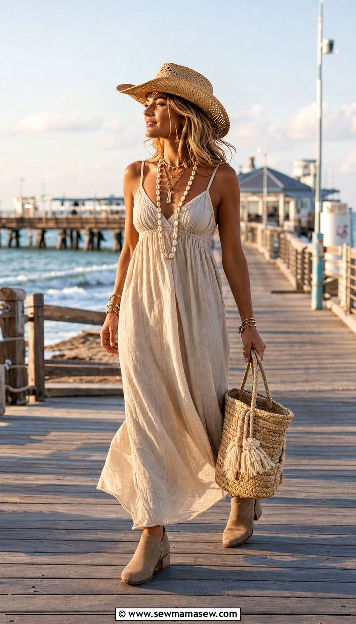 Linen Maxi Dress With Straw Cowboy Hat - 25 summer coastal cowgirl outfit ideas