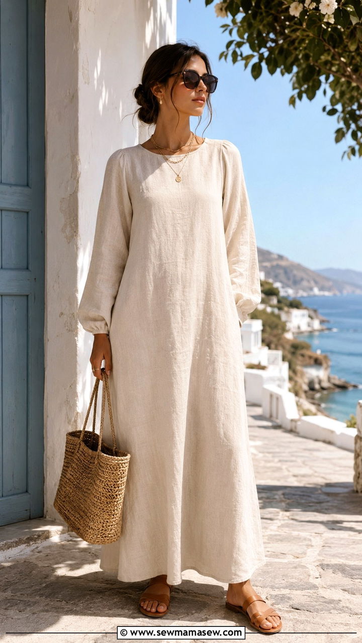 Linen Maxi Dress and Flat Leather Sandals - 30 Modest outfit ideas clean girl