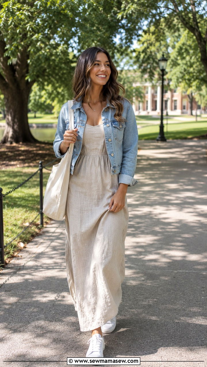 Linen Maxi Dress with Denim Jacket and White Sneakers - 30 graduation outfits ideas