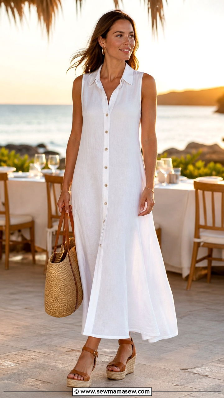 Linen Maxi Dress with Espadrille Wedges - 40 dinner outfits