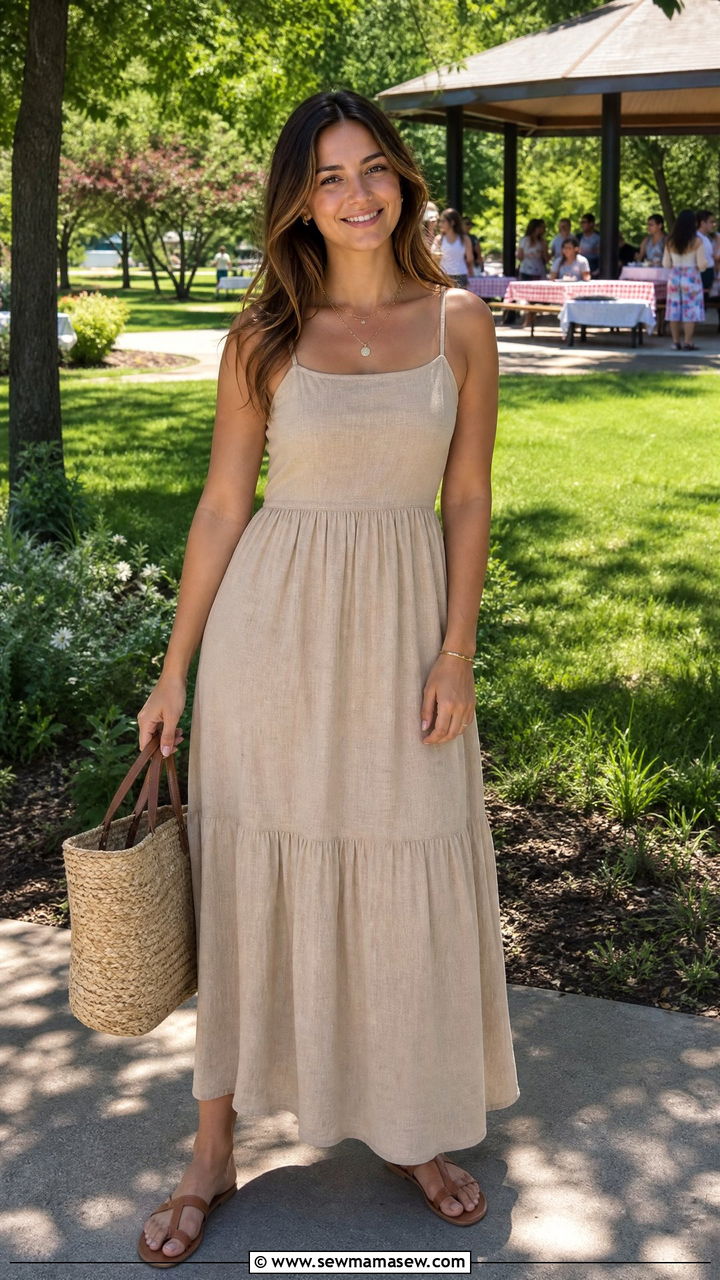 Linen Maxi Dress with Flat Sandals - 30 Family reunion outfit ideas summer