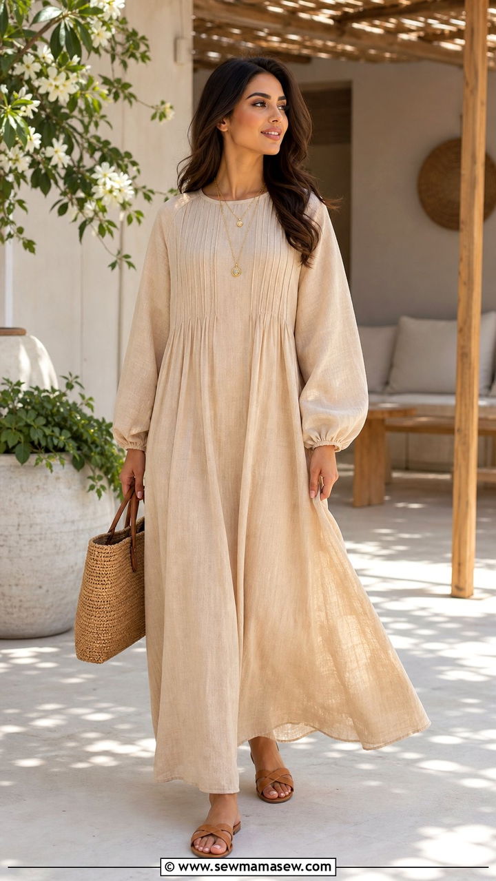 Linen Maxi Dress with Layered Necklace - 25 Eid al Fitr outfit ideas 2026