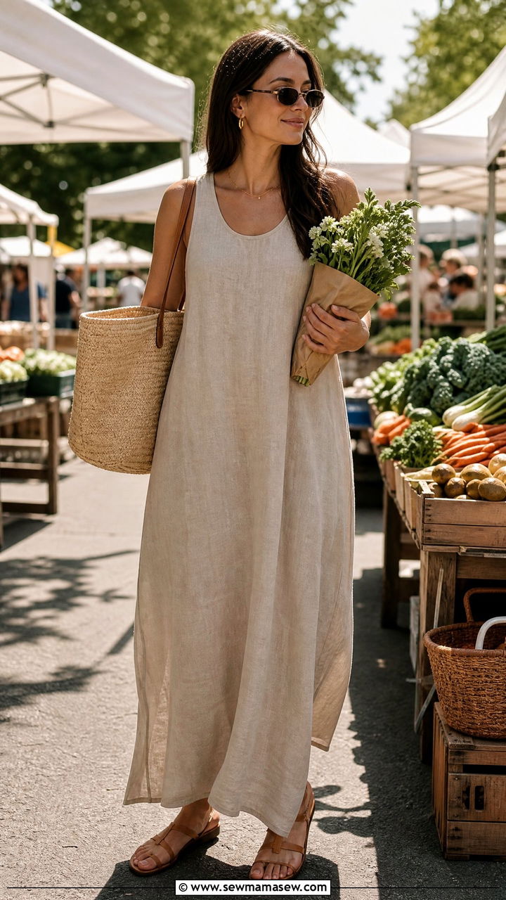 Linen Maxi Dress with Tote Bag - 30 Maxi dress outfit ideas for summer