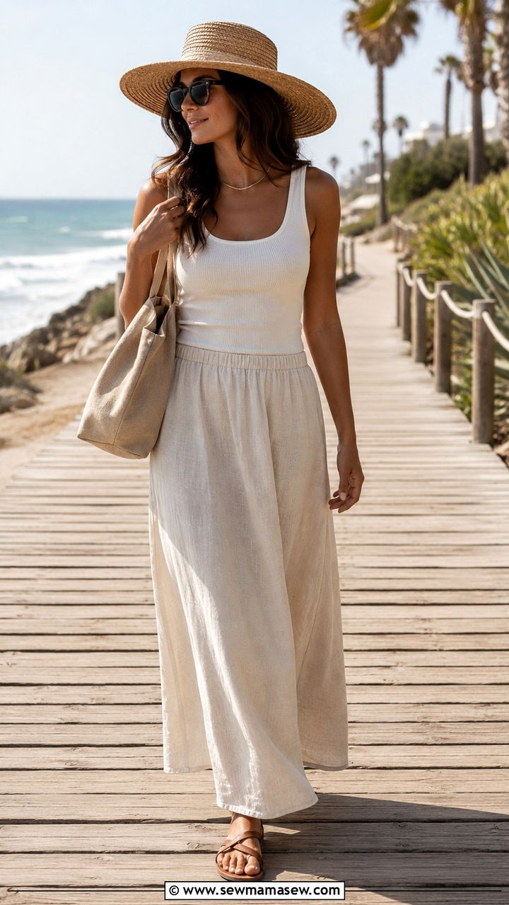 Linen Maxi Skirt with Tank Tee - 30 Maxi skirt outfit ideas with a tee
