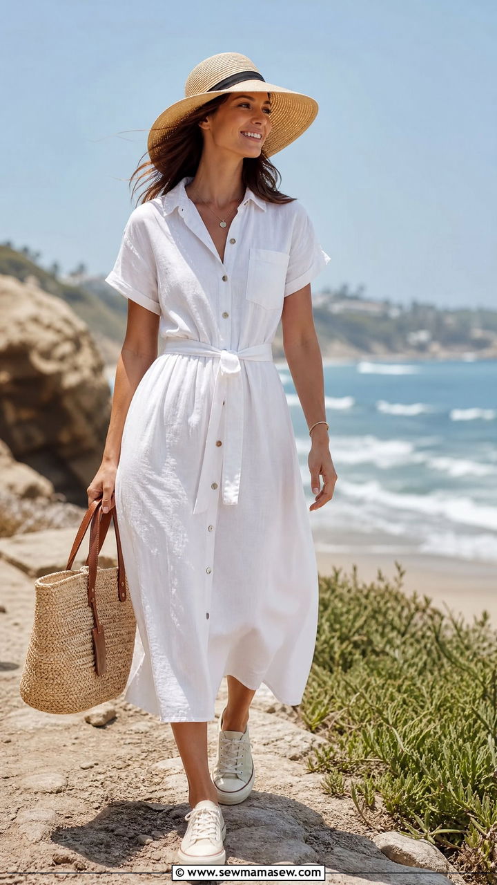 Linen Midi Dress With Canvas Sneakers - 30 Midi dress outfit ideas with sneakers