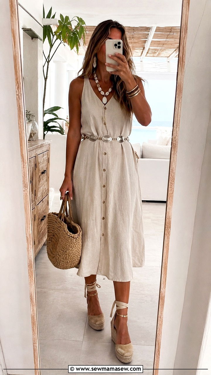 Linen Midi Dress With Concho Belt and Espadrilles - 25 Boho outfit ideas with concho belt
