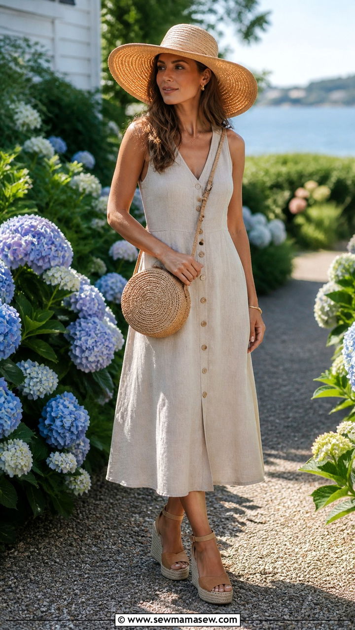 Linen Midi Dress With Espadrilles - 40 summer coastal grandmother outfits