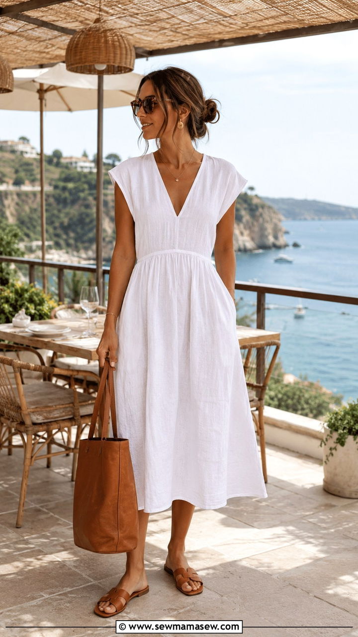 Linen Midi Dress With Flat Sandals - 30 Midi dress for brunch outfit ideas