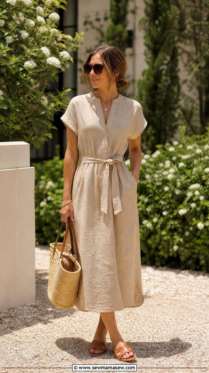Linen Midi Dress With Flat Sandals And Straw Tote - 30 Elevated mom outfit ideas