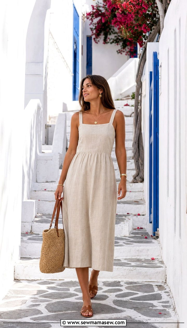Linen Midi Dress With Leather Sandals - 25 Spring week in Greece outfits