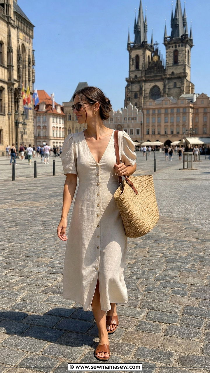 Linen Midi Dress With Leather Slides And Straw Bag For Prague Summer - 40 What to wear in Prague