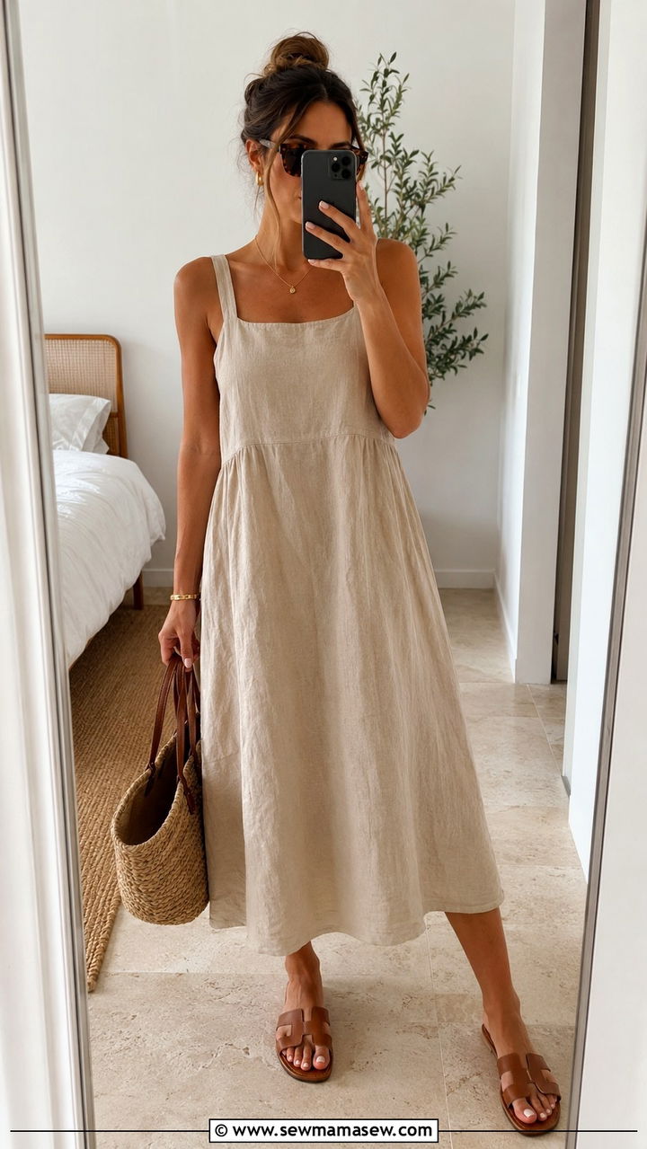 Linen Midi Dress With Leather Slides - 30 Midi dress outfit ideas with sandals