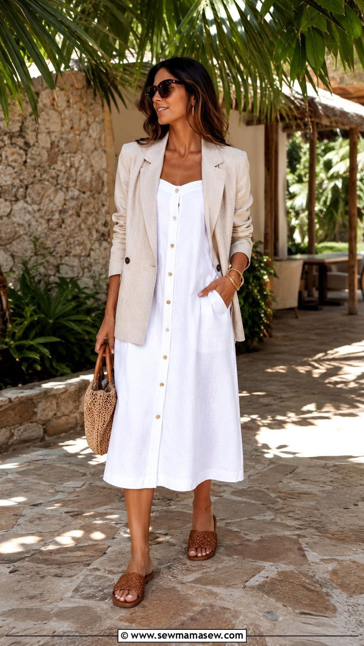 Linen Midi Dress With Linen Blazer and Woven Slides - 30 Midi dress outfit ideas with a jacket