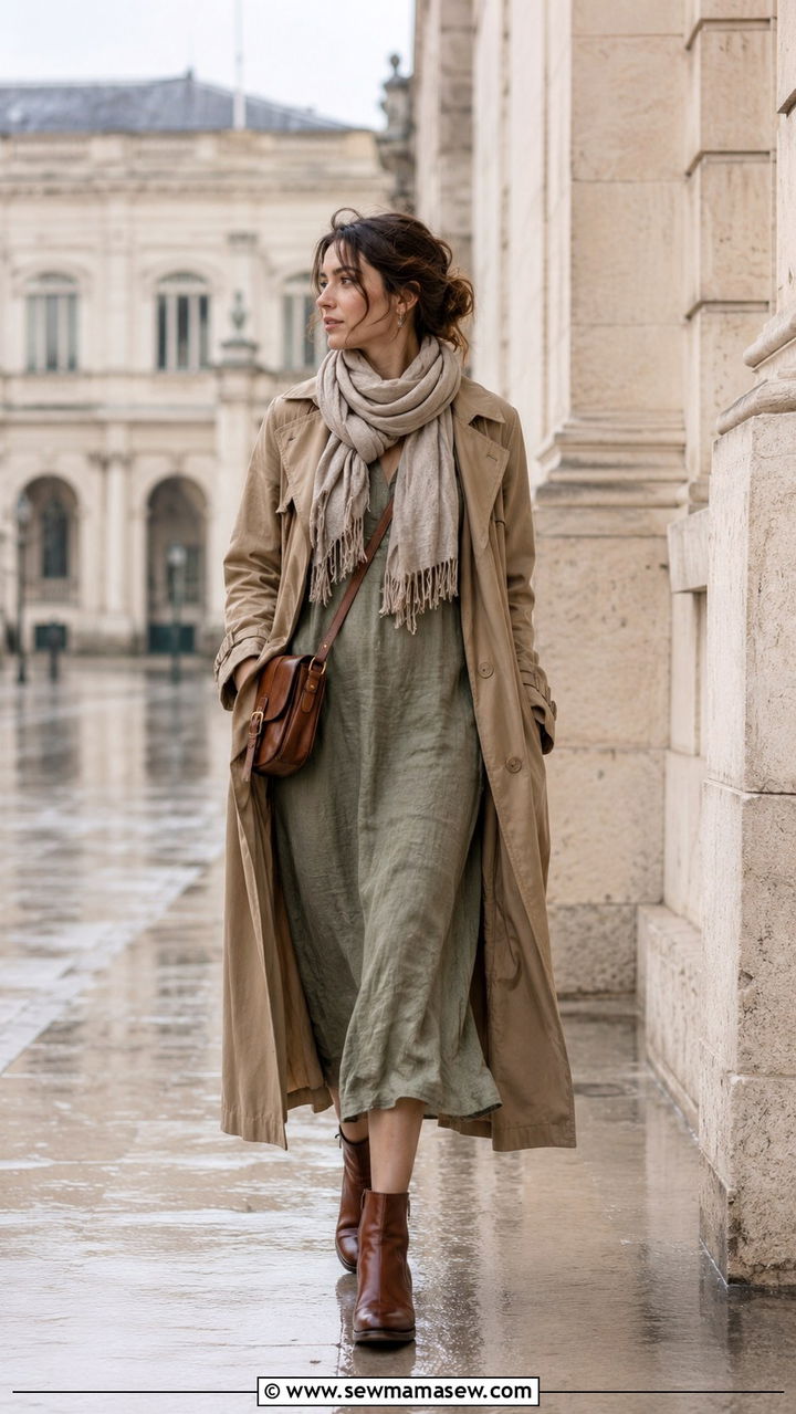 Linen Midi Dress With Longline Trench And Ankle Boots - 25 poetcore outfits ideas