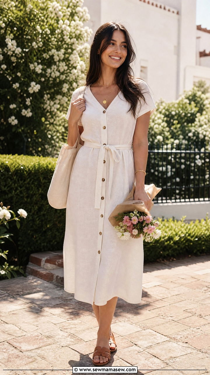 Linen Midi Dress With Slide Sandals - 35 graduation outfits for women