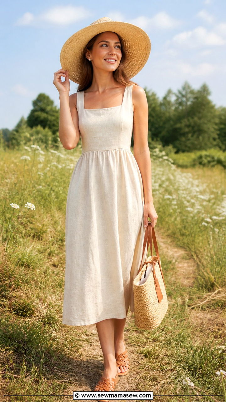 Linen Midi Dress With Straw Hat And Woven Sandals - 40 light academia outfits for women