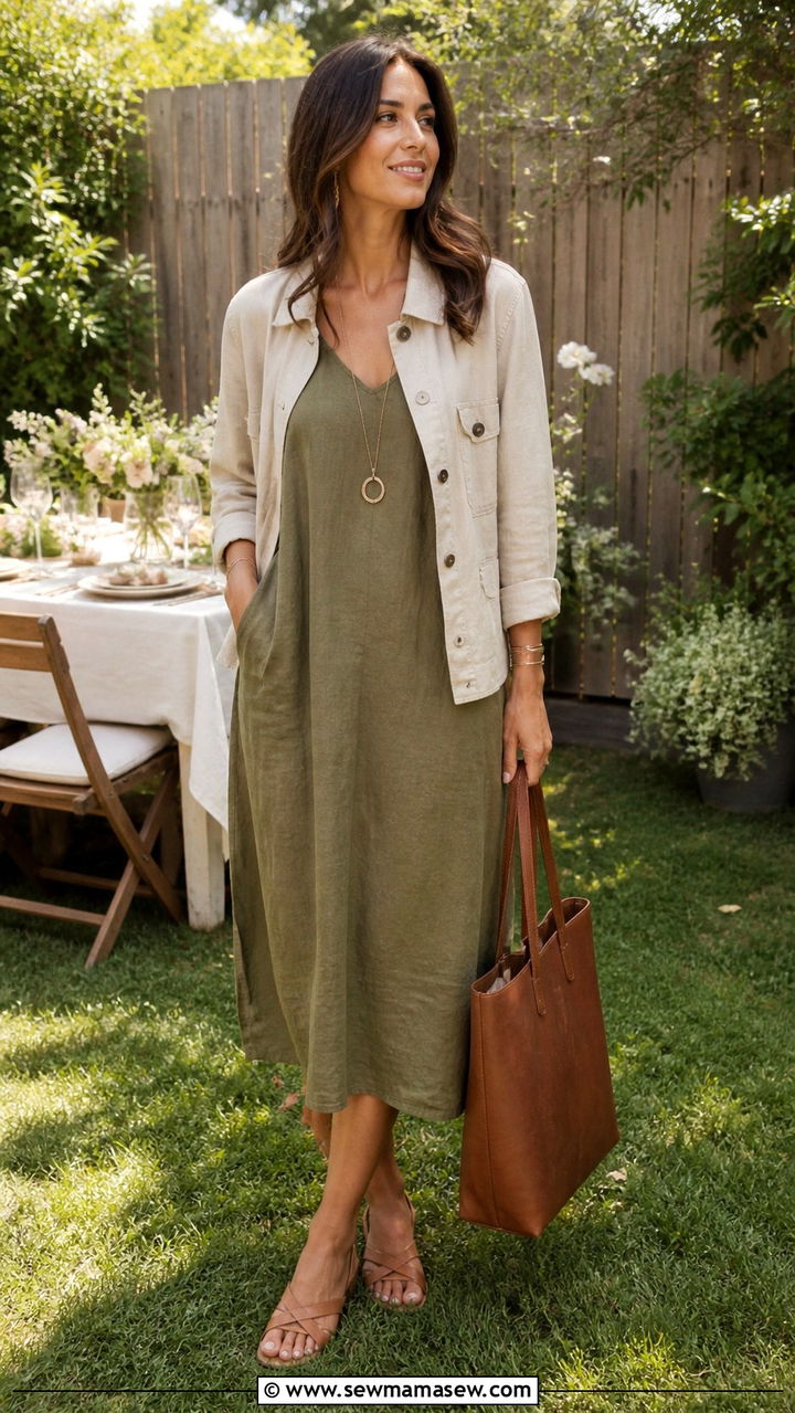 Linen Midi Dress With Utility Jacket And Flat Sandals - 40 Casual wedding guest outfits