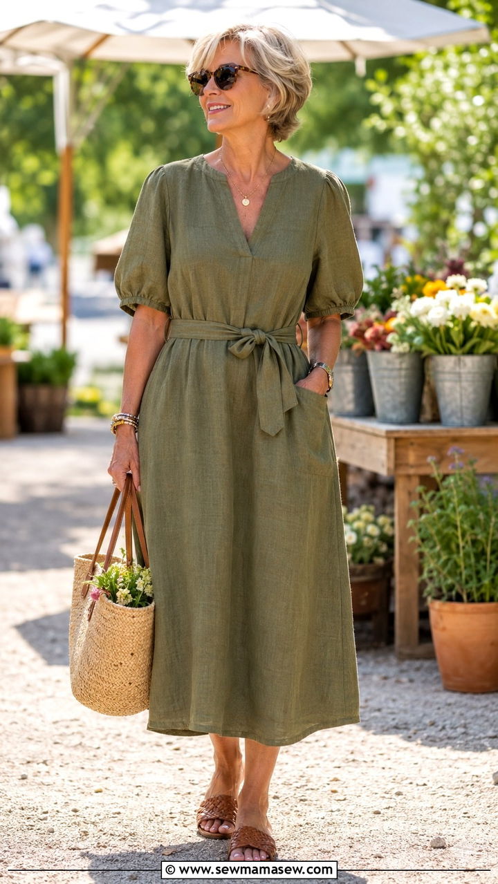 Linen Midi Dress With Woven Sandals - 20 Mature woman outfit ideas 2026