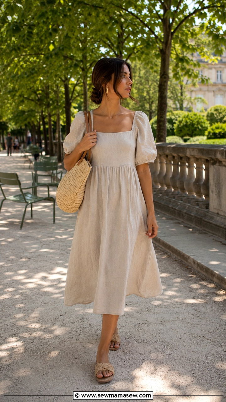 Linen Midi Dress With Woven Sandals - 30 Parisian summer outfit ideas