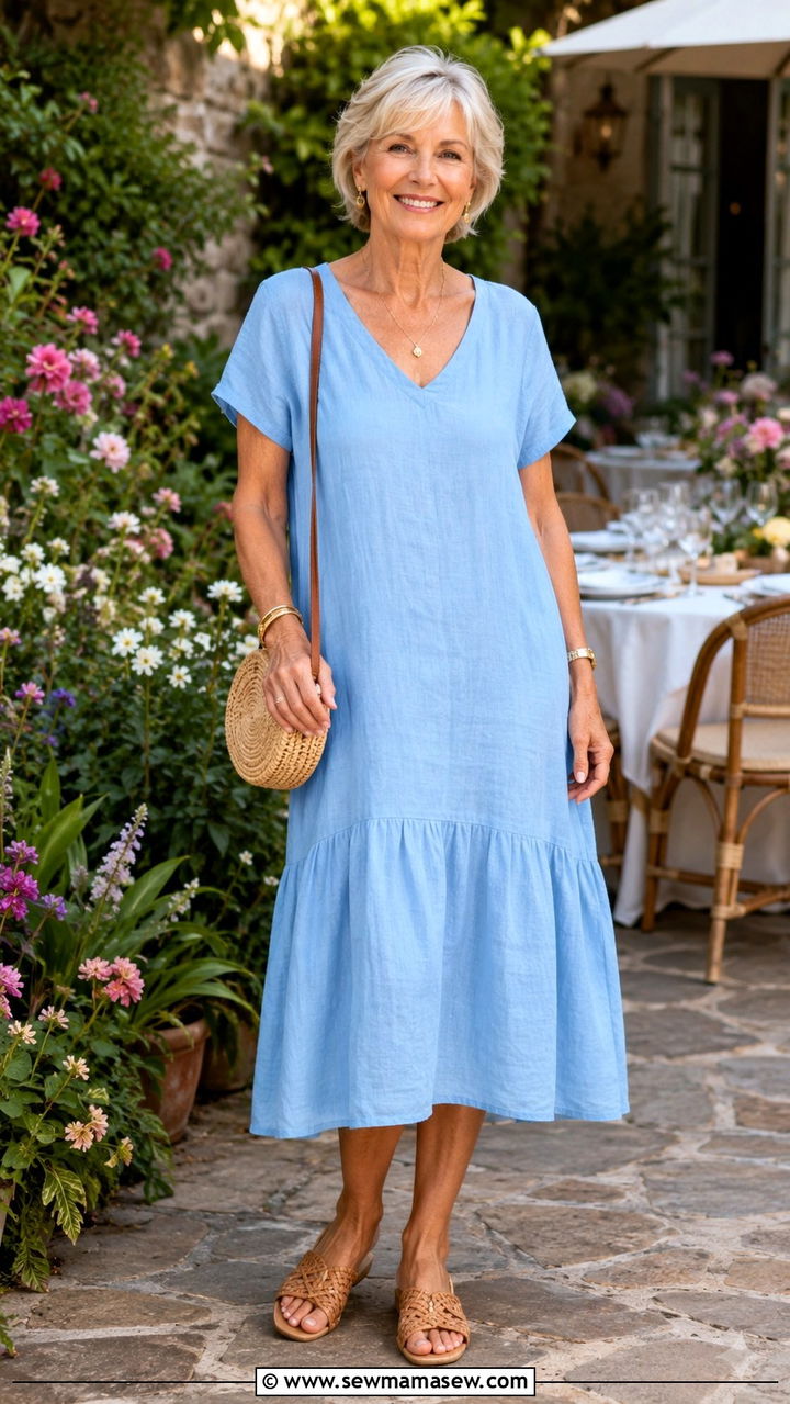 Linen Midi Dress With Woven Sandals - 30 Party outfits for women over 60