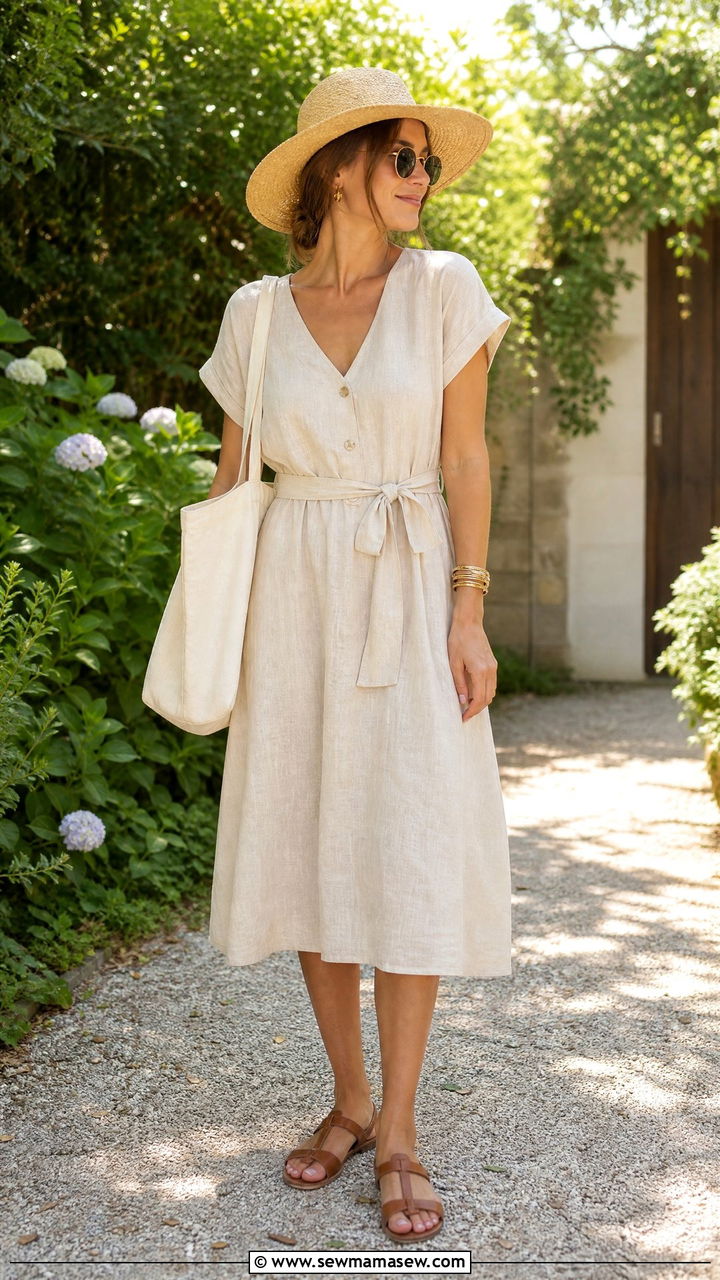 Linen Midi Dress and Straw Hat Outfit - 25 librarian core outfits inspo