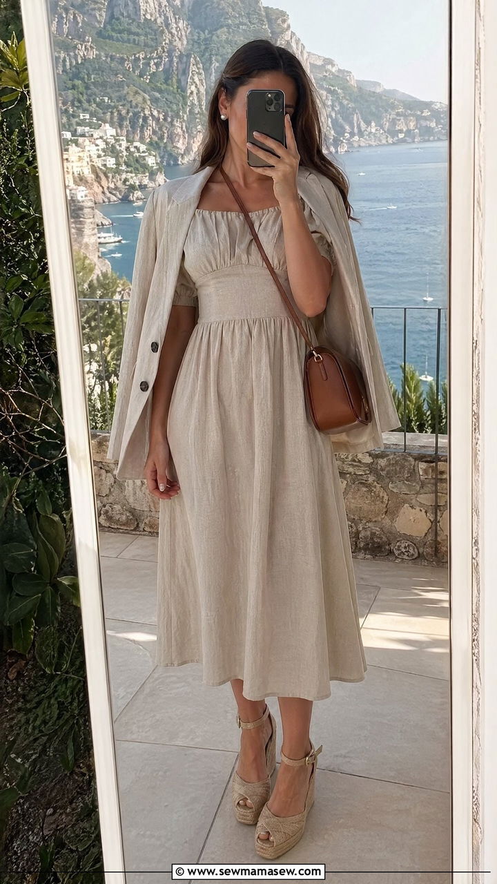 Linen Midi Dress for Seaside Ceremony - 35 Destination wedding guest outfit ideas