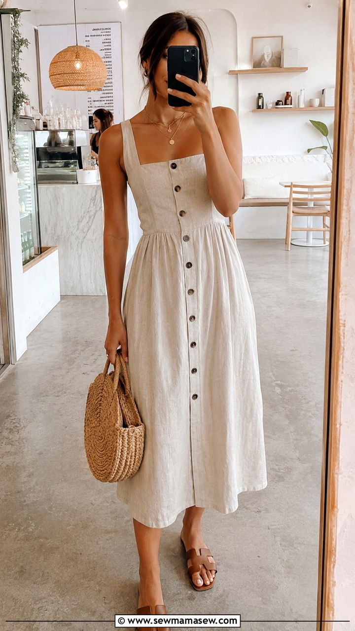 Linen Midi Dress with Basket Bag - 25 Bangkok outfit ideas