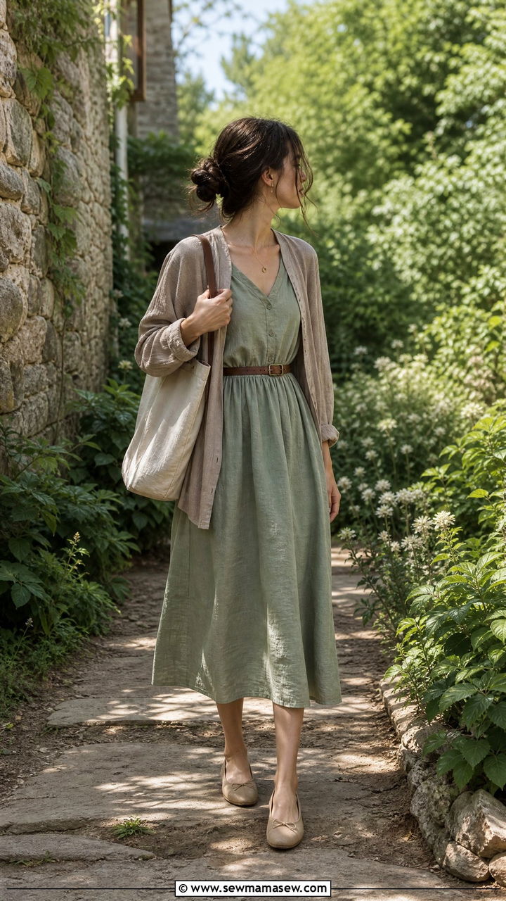 Linen Midi Dress with Cotton Cardigan - 30 summer dark academia outfits