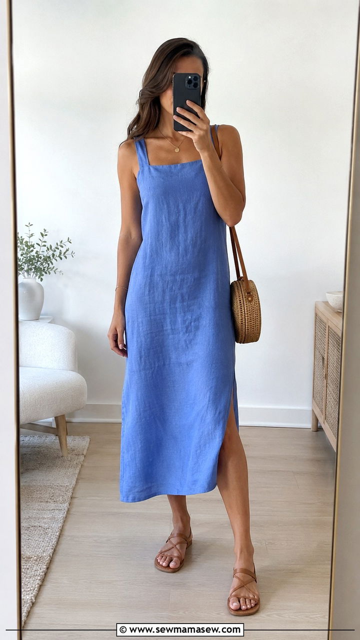 Linen Midi Dress with Flat Sandals - 30 Linen dress outfit ideas summer