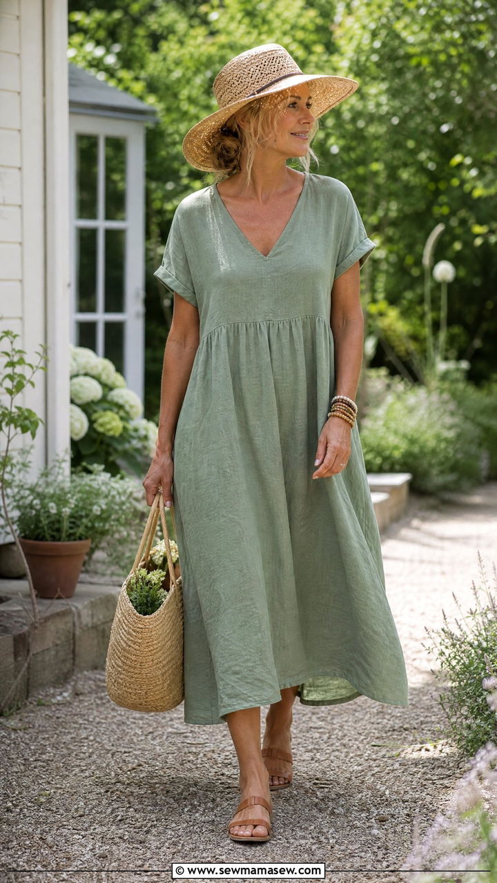 Linen Midi Dress with Flat Sandals and a Straw Hat - 30 scandinavian outfit ideas for women over 40