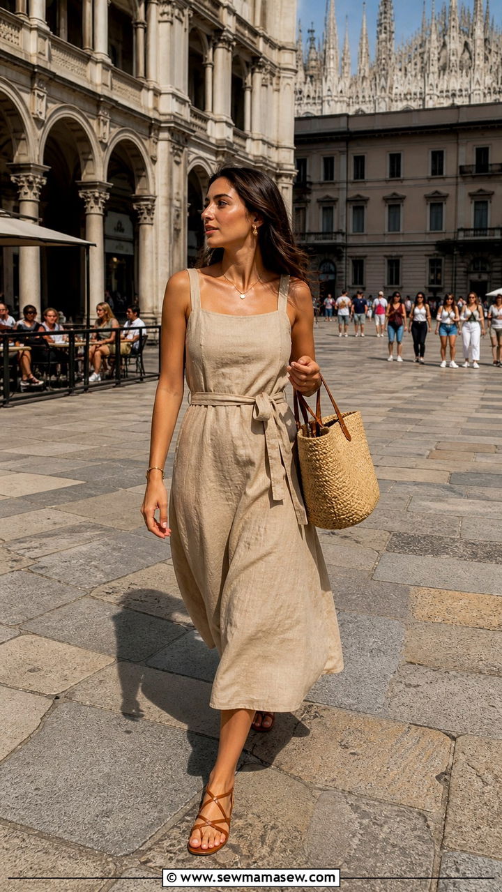 Linen Midi Dress with Strappy Sandals Milan - 40 What to wear in Milan