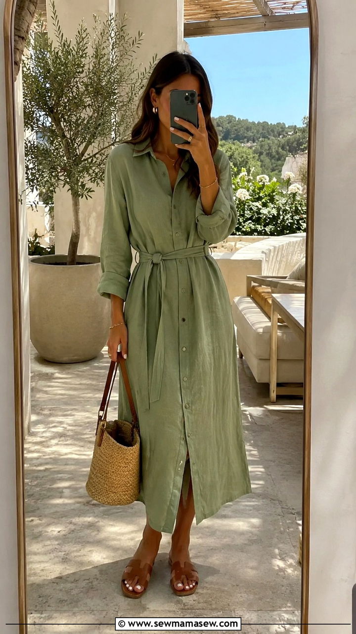 Linen Midi Shirt Dress With Slide Sandals - 30 seasonal wedding guest outfit ideas