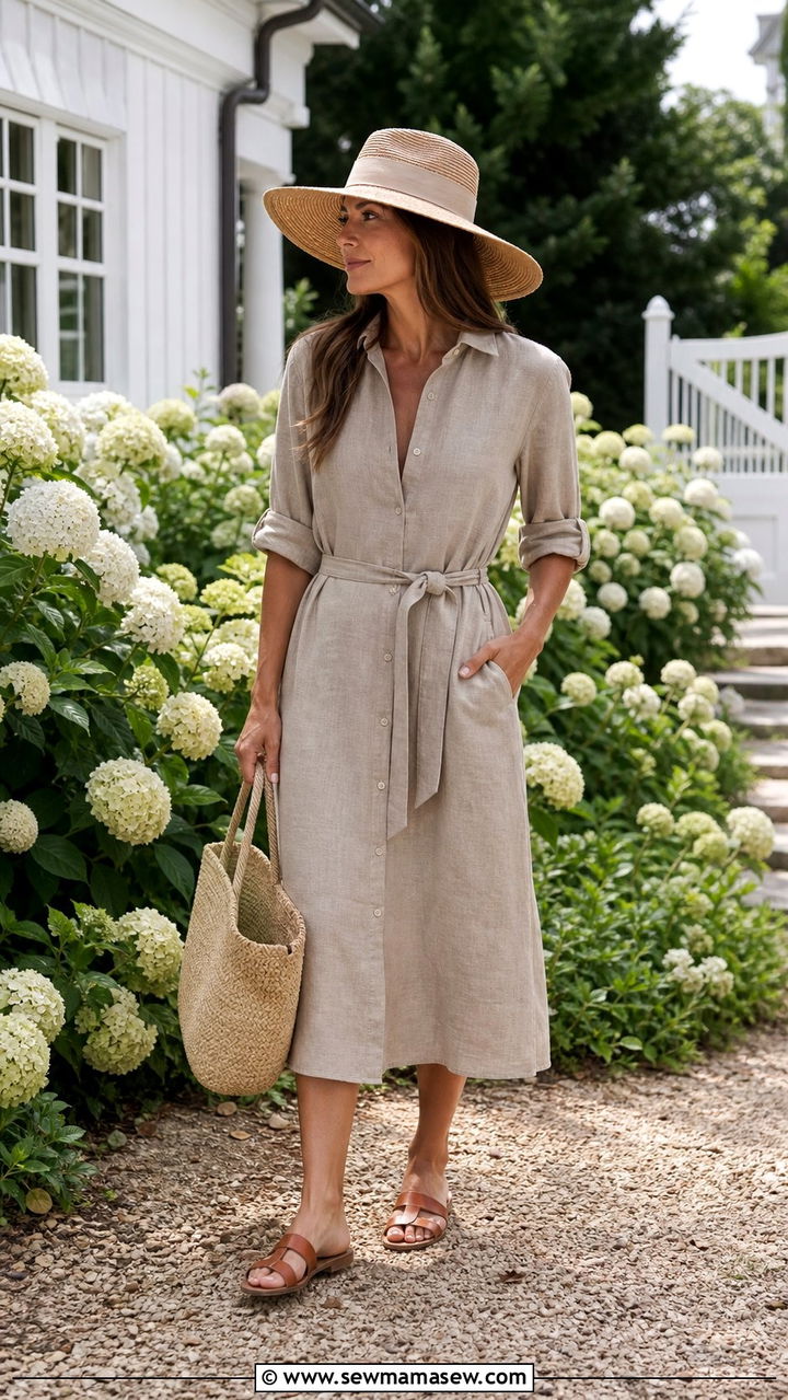 Linen Midi Shirt Dress With Straw Hat And Woven Tote - 25 coastal grandmother capsule wardrobe outfits