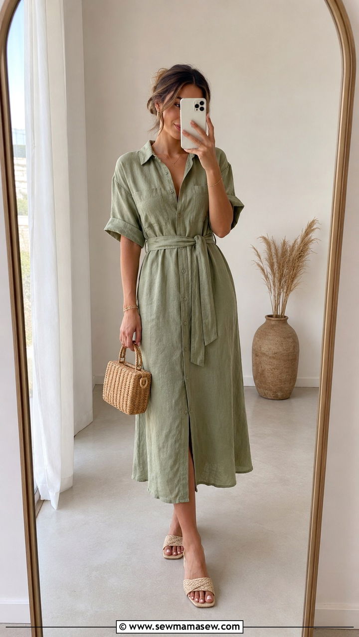 Linen Midi Shirt Dress with Belted Waist - 30 modest summer wedding guest outfit ideas