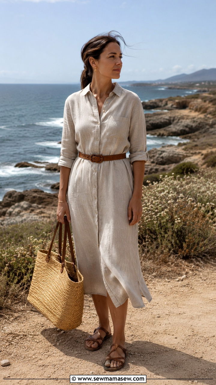 Linen Midi Shirt Dress with Woven Accessories - 30 spring outfits 2026 women classy