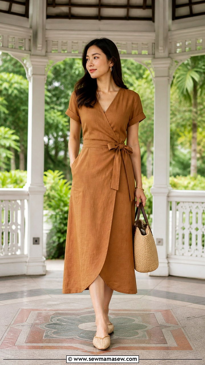 Linen Midi Wrap Dress Woven Mules Gold Hoops - 40 Singapore outfit ideas