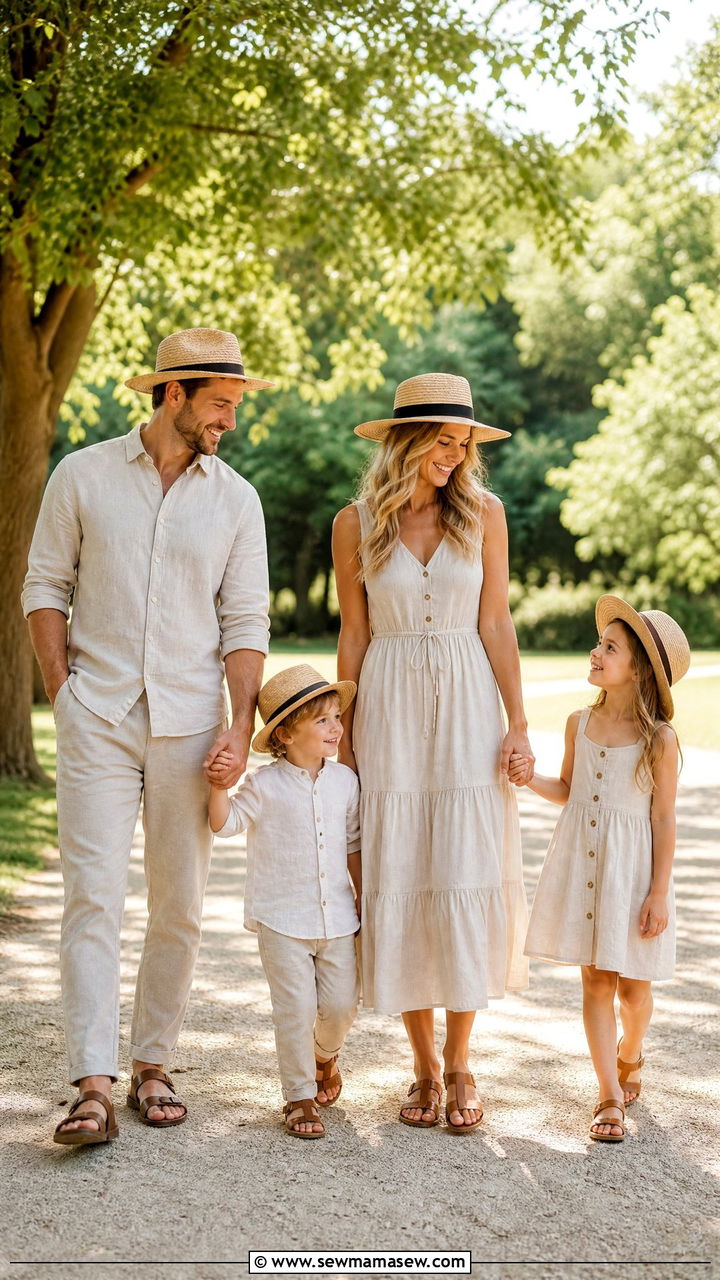 Linen Neutral Outfits with Straw Hats for Family Photoshoot - 30 summer family photoshoot outfit ideas
