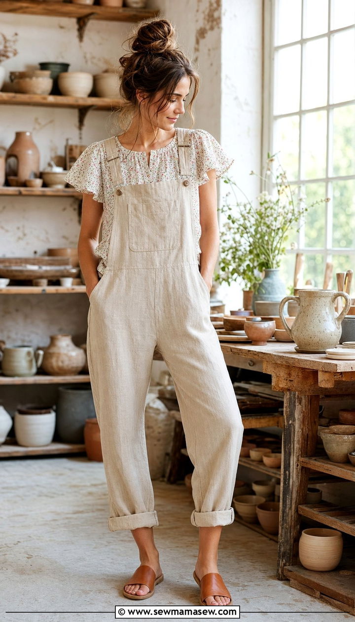 Linen Overalls And A Flutter Sleeve Top - 25 Summer cottagecore outfits 2026