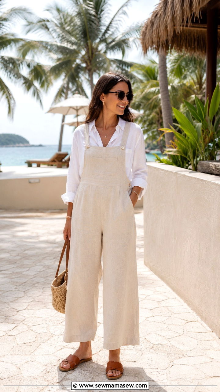 Linen Overalls With Button Down Shirt and Sandals - 30 How to style overalls