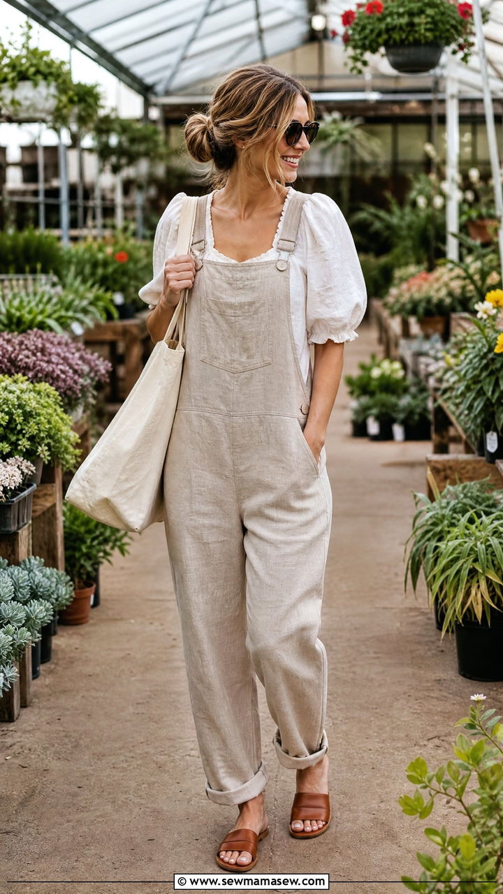Linen Overalls With Puff Sleeve Blouse - 30 Cottagecore summer outfits