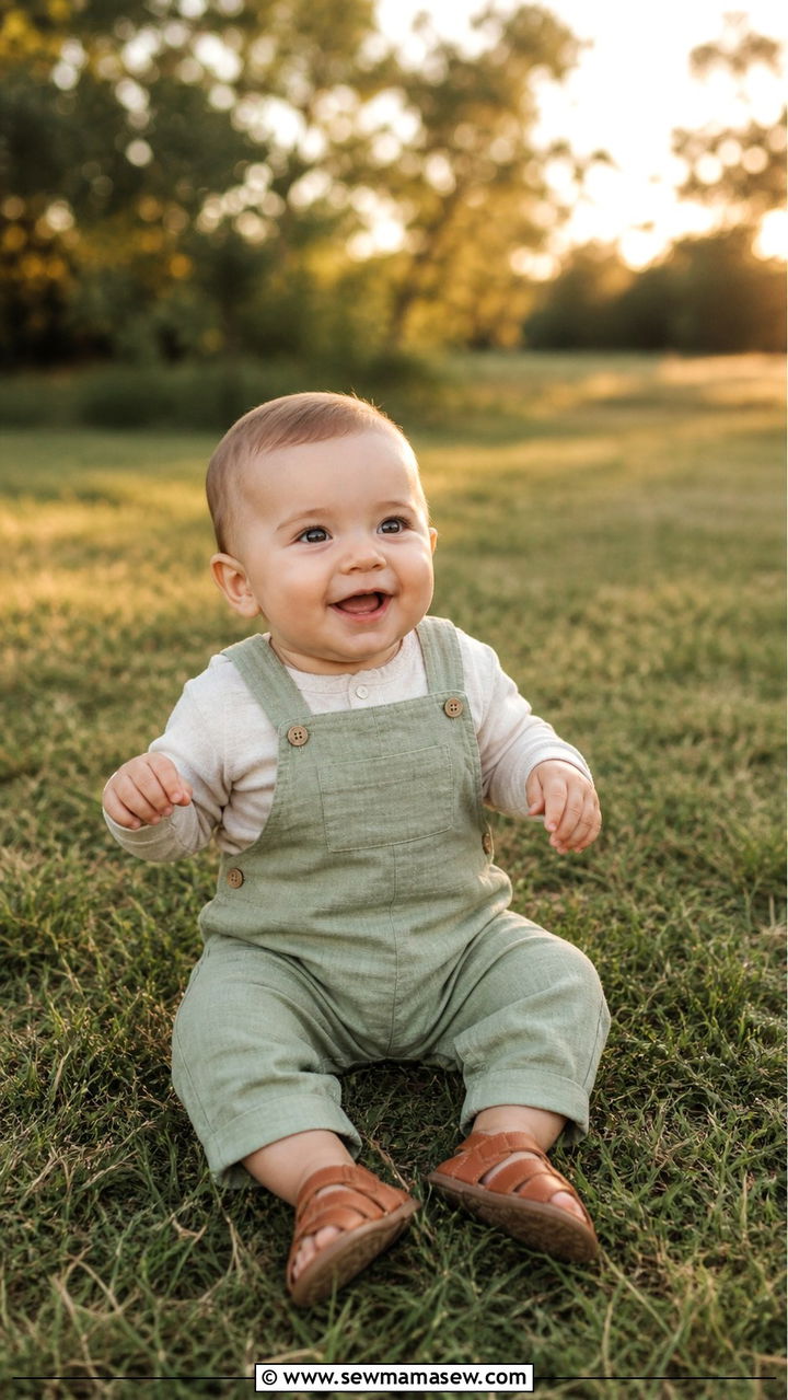 Linen Overalls with Simple Sandals - 20 6 month photo outfit ideas