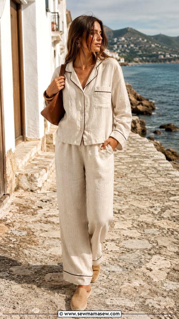 Linen Pajama Set With Espadrilles - 20 Pajama set outfit ideas 2026