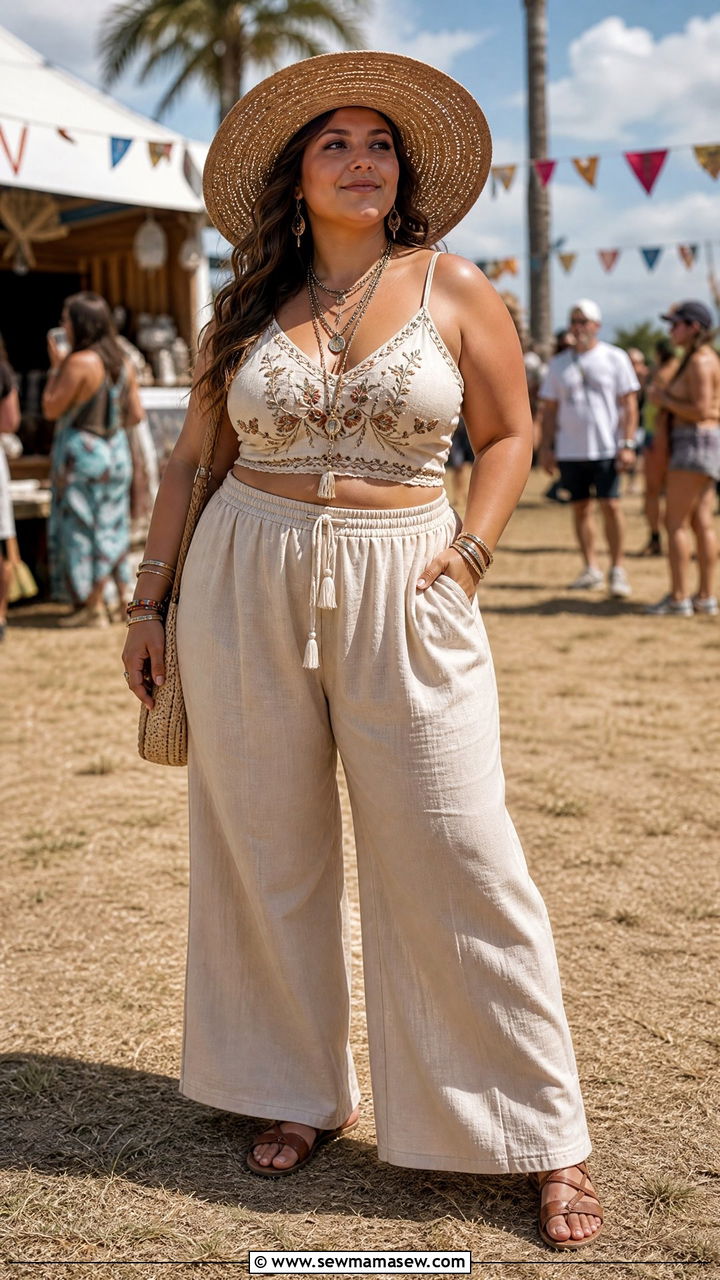 Linen Palazzo Pants with Boho Crop Top - 25 Linen pants outfit ideas plus size